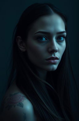 A striking portrait of a woman with a captivating expression, featuring her long, flowing hair cascading around her shoulders