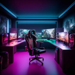 An inviting, high-tech office room that also serves as a gaming hub, featuring a sleek desk equipped with dual monitors, ergonomic gamer's chair, various gaming consoles, low lighting, and decor that reflects a blend of professionalism and passion for gaming.