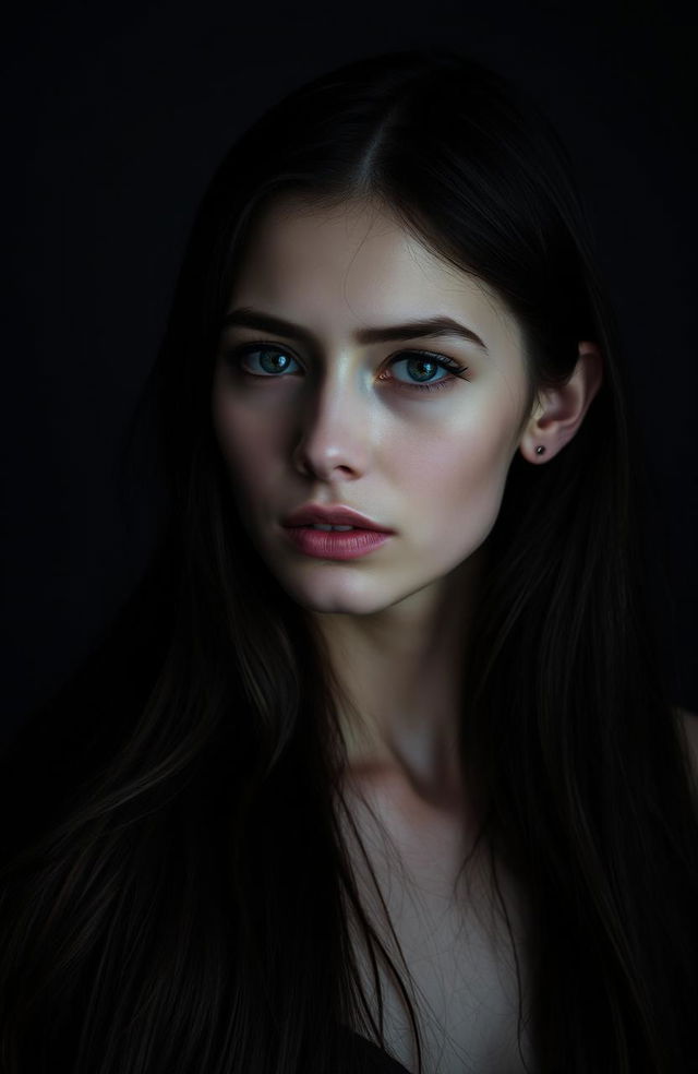 A striking portrait of a woman with a captivating expression, featuring her long, flowing hair cascading around her shoulders