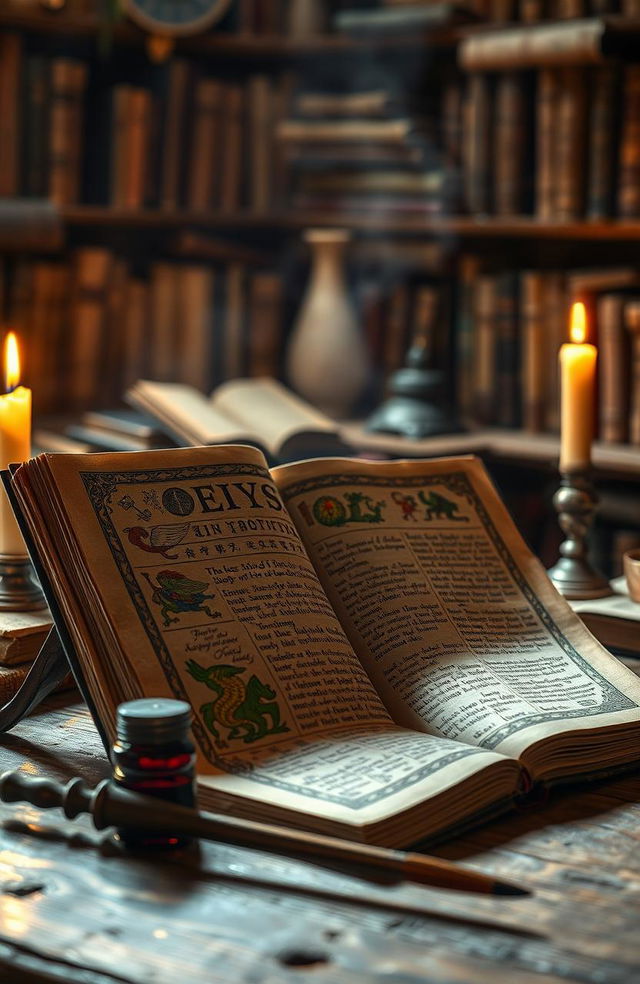 A beautifully designed, ancient tome lying open on a wooden table