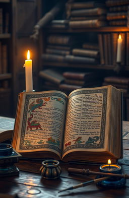 A beautifully designed, ancient tome lying open on a wooden table