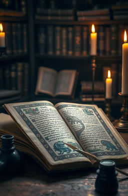 A beautifully designed, ancient tome lying open on a wooden table