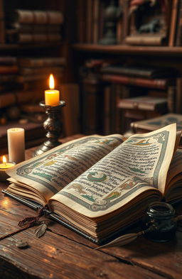 A beautifully designed, ancient tome lying open on a wooden table
