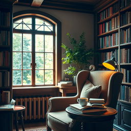 A beautifully arranged library with shelves filled with colorful books, soft warm lighting, and vintage wooden furniture