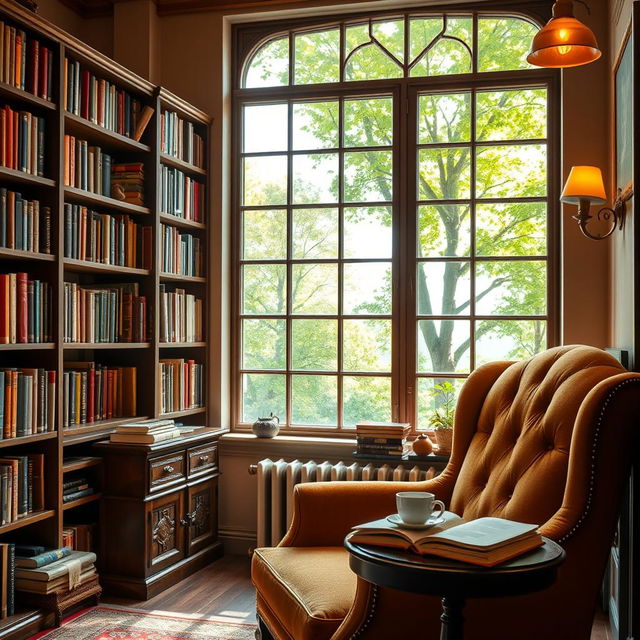 A beautifully arranged library with shelves filled with colorful books, soft warm lighting, and vintage wooden furniture