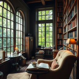 A beautifully arranged library with shelves filled with colorful books, soft warm lighting, and vintage wooden furniture