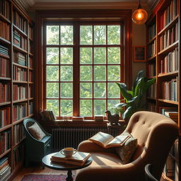A beautifully arranged library with shelves filled with colorful books, soft warm lighting, and vintage wooden furniture