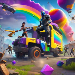 A Fortnite scene featuring a Brite Bomber character with Rainbow Smash pickaxe in action on a battlefield with structures and loot crates scattered around