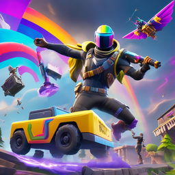 A Fortnite scene featuring a Brite Bomber character with Rainbow Smash pickaxe in action on a battlefield with structures and loot crates scattered around