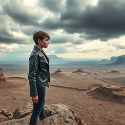 A young woman standing on a rocky cliff overlooking a vast, desolate futuristic wasteland