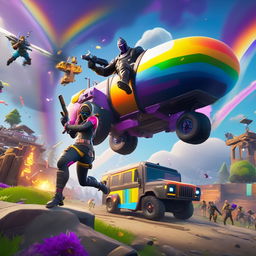 A Fortnite scene featuring a Brite Bomber character with Rainbow Smash pickaxe in action on a battlefield with structures and loot crates scattered around