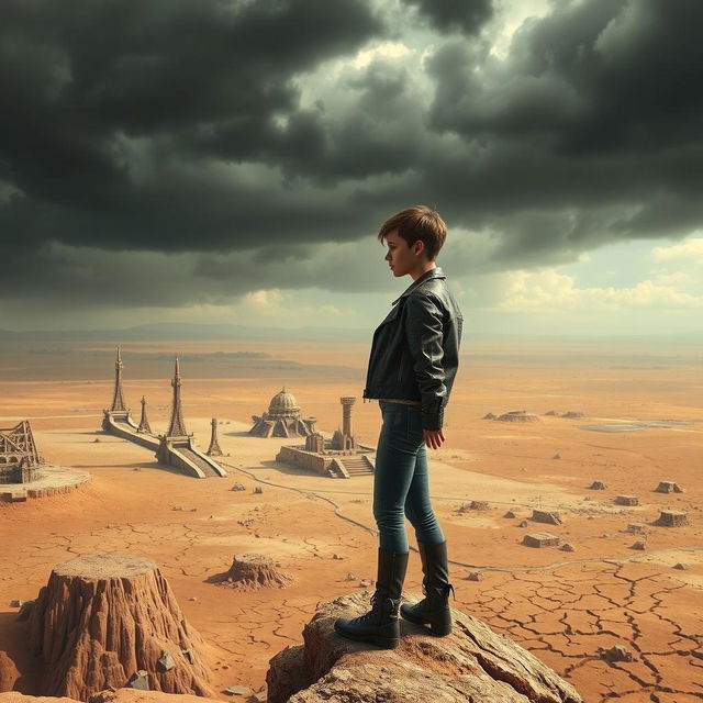 A young woman standing on a rocky cliff overlooking a vast, desolate futuristic wasteland