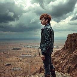 A young woman standing on a rocky cliff overlooking a vast, desolate futuristic wasteland