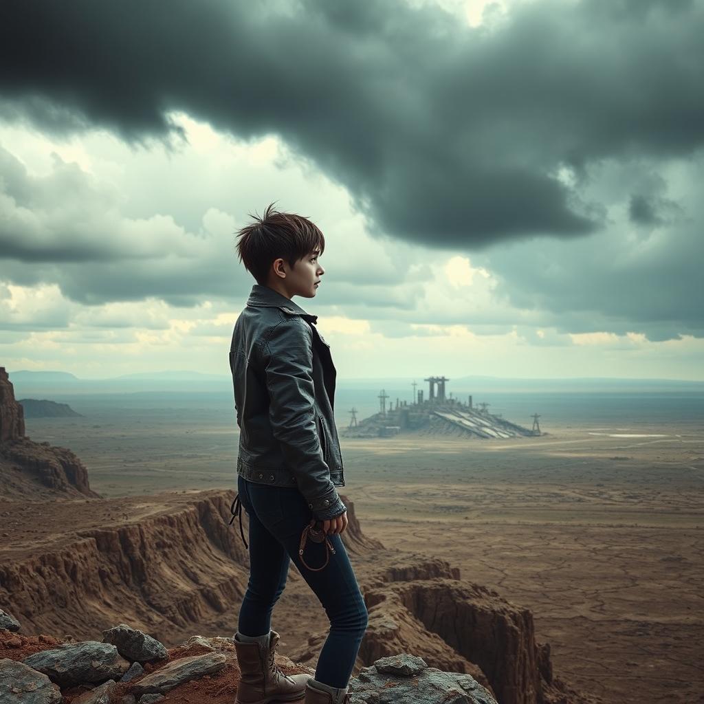 A young woman standing on a rocky cliff overlooking a vast, desolate futuristic wasteland