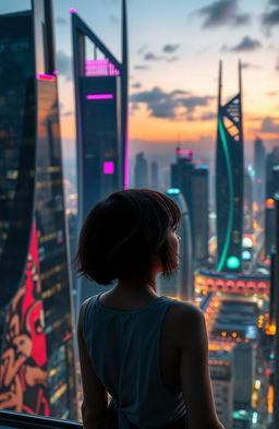 A young woman gazing out over a futuristic cityscape, showcasing sleek skyscrapers made of glass and steel, with a dramatic skyline featuring unique architectural designs