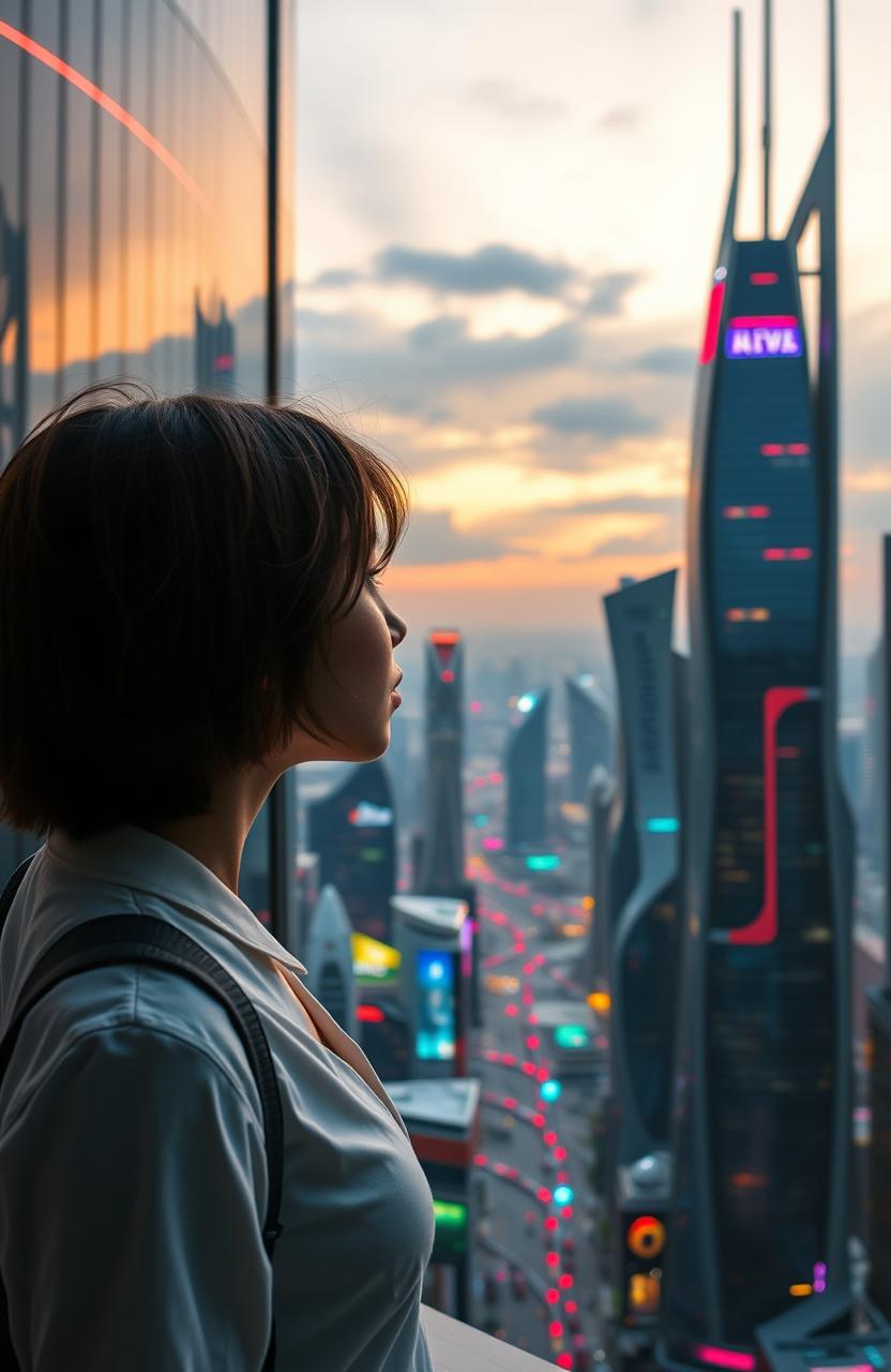 A young woman gazing out over a futuristic cityscape, showcasing sleek skyscrapers made of glass and steel, with a dramatic skyline featuring unique architectural designs