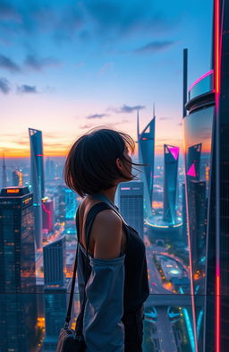 A young woman gazing out over a futuristic cityscape, showcasing sleek skyscrapers made of glass and steel, with a dramatic skyline featuring unique architectural designs
