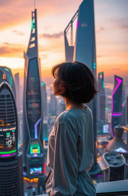 A young woman gazing out over a futuristic cityscape, showcasing sleek skyscrapers made of glass and steel, with a dramatic skyline featuring unique architectural designs