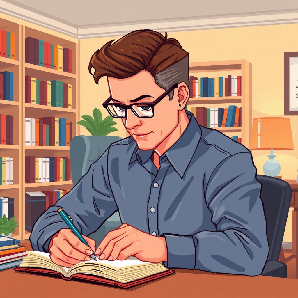 A pixel art illustration of a male psychologist, depicted from a perspective angle, actively writing notes in a notebook