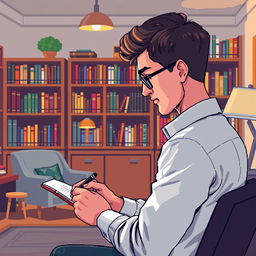 A pixel art illustration of a male psychologist, depicted from a perspective angle, actively writing notes in a notebook