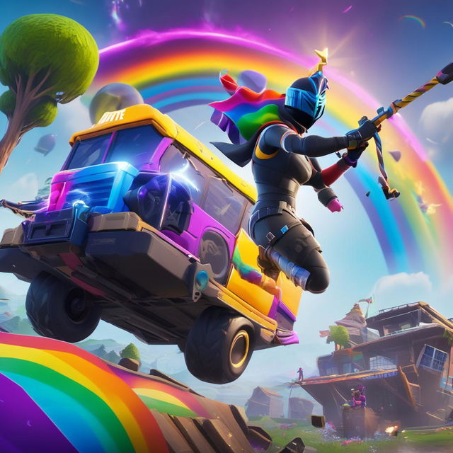 A Fortnite scene featuring a Brite Bomber character with Rainbow Smash pickaxe in action on a battlefield with structures and loot crates scattered around