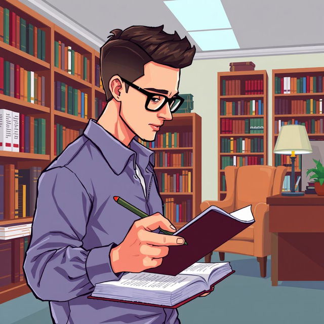 A pixel art illustration of a male psychologist, depicted from a perspective angle, actively writing notes in a notebook