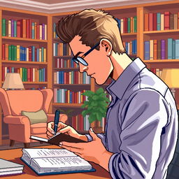 A pixel art illustration of a male psychologist, depicted from a perspective angle, actively writing notes in a notebook