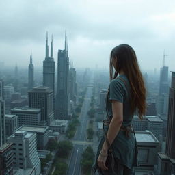 A young woman standing on a high vantage point, looking out over a bleak and desolate futuristic cityscape, characterized by towering, monolithic structures of concrete and steel, with a grey and overcast sky looming above