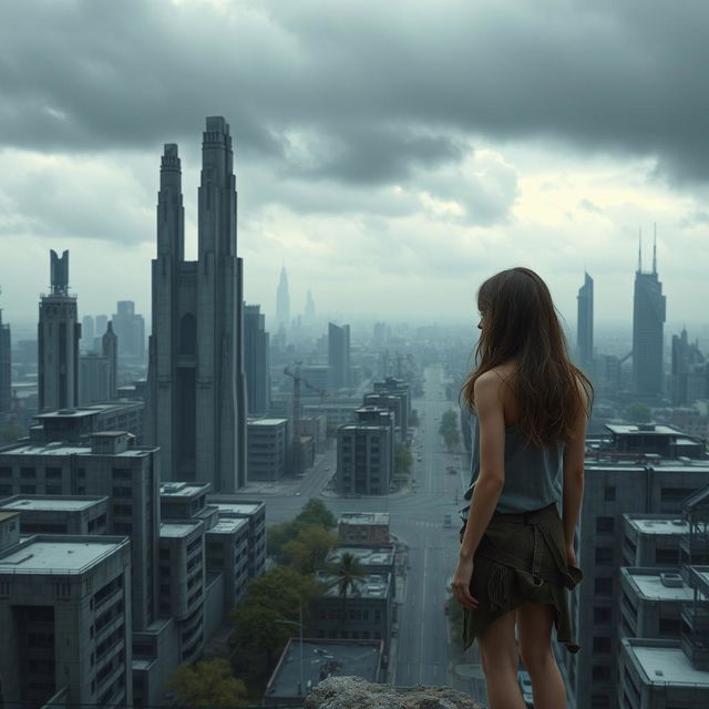 A young woman standing on a high vantage point, looking out over a bleak and desolate futuristic cityscape, characterized by towering, monolithic structures of concrete and steel, with a grey and overcast sky looming above