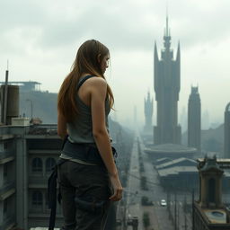 A young woman standing on a high vantage point, looking out over a bleak and desolate futuristic cityscape, characterized by towering, monolithic structures of concrete and steel, with a grey and overcast sky looming above
