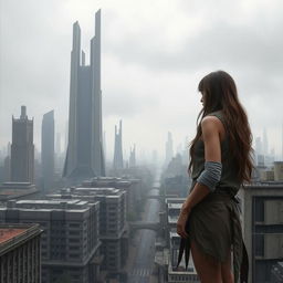 A young woman standing on a high vantage point, looking out over a bleak and desolate futuristic cityscape, characterized by towering, monolithic structures of concrete and steel, with a grey and overcast sky looming above