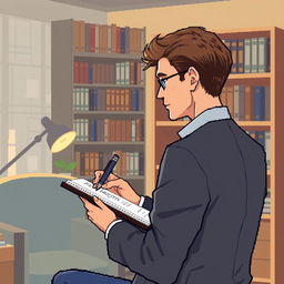 A pixel art illustration of a male psychologist viewed from a side perspective, intently writing in a notebook