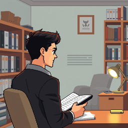 A pixel art illustration of a male psychologist viewed from a side perspective, intently writing in a notebook