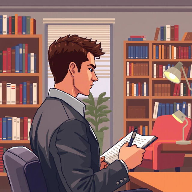 A pixel art illustration of a male psychologist viewed from a side perspective, intently writing in a notebook