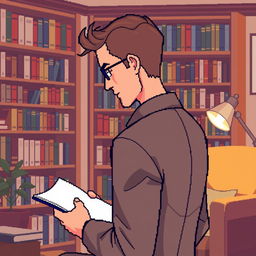 A pixel art illustration of a male psychologist viewed from a side perspective, intently writing in a notebook