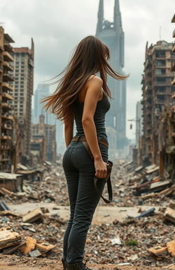 A young woman standing with her back to the viewer, gazing out at a broken down futuristic cityscape