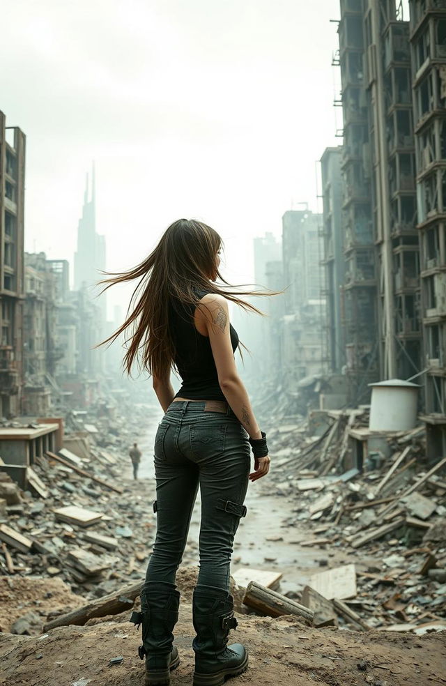 A young woman standing with her back to the viewer, gazing out at a broken down futuristic cityscape