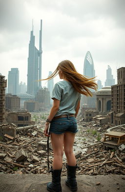 A young woman standing with her back to the viewer, gazing out at a broken down futuristic cityscape