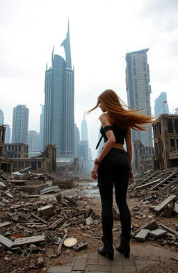 A young woman standing with her back to the viewer, gazing out at a broken down futuristic cityscape