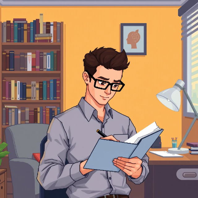 A pixel art illustration of a male psychologist viewed from the front side perspective, showing him engaged in writing notes in a notebook