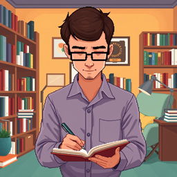 A pixel art illustration of a male psychologist viewed from the front side perspective, showing him engaged in writing notes in a notebook