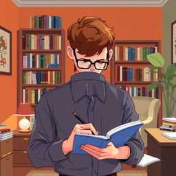 A pixel art illustration of a male psychologist viewed from the front side perspective, showing him engaged in writing notes in a notebook