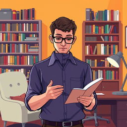 A pixel art illustration of a male psychologist viewed from the front side perspective, showing him engaged in writing notes in a notebook