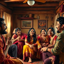A vibrant scene portraying a culturally rich atmosphere in a modest room of a lodge