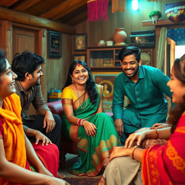 A vibrant scene portraying a culturally rich atmosphere in a modest room of a lodge