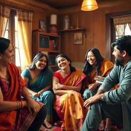 A vibrant scene portraying a culturally rich atmosphere in a modest room of a lodge