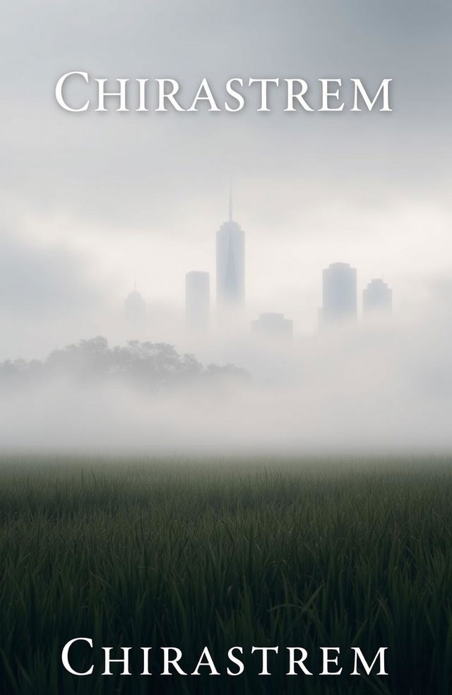 A misty field stretching across the foreground, with tall grass swaying gently