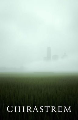 A misty field stretching across the foreground, with tall grass swaying gently