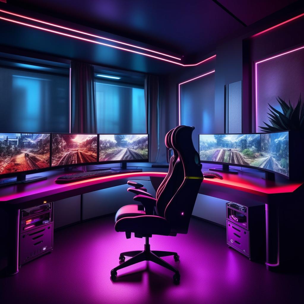 An inviting, high-tech office room that also serves as a gaming hub, featuring a sleek desk equipped with dual monitors, ergonomic gamer's chair, various gaming consoles, low lighting, and decor that reflects a blend of professionalism and passion for gaming.