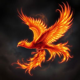 A majestic phoenix soaring through the air, its feathers ablaze with vibrant flames in shades of orange, red, and gold